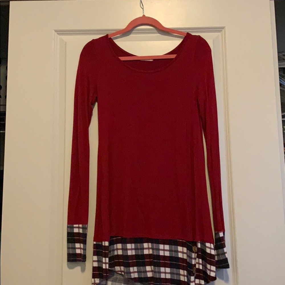 Red tunic dress with plaid detailing